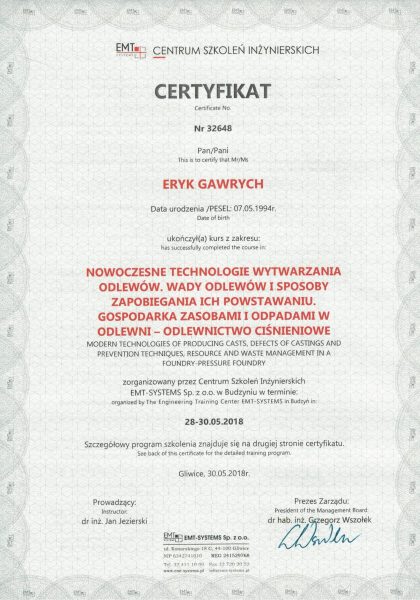 Certyfikat nowoczesne metody wytwarzania odlewów Eryk Gawrych Odlewnia Gawrych Budzyń