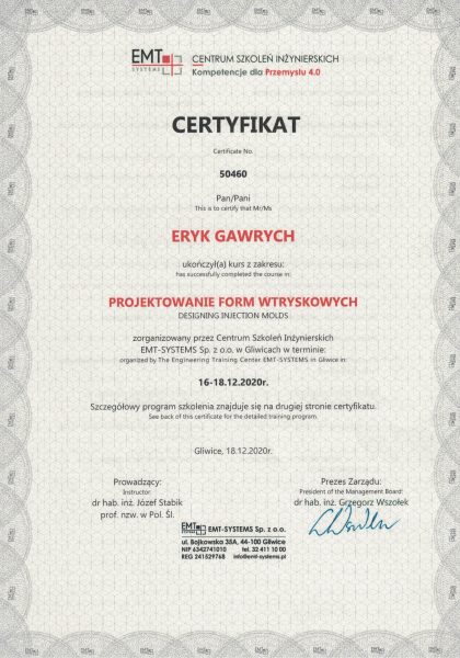 Certyfikat projektowanie form wtryskowych Eryk Gawrych Odlewnia Gawrych Budzyń